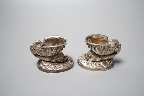 A pair of Victorian silver 'dolphin & shell' salts, John Knowles & Son, Sheffield, 1863, length 91mm, 25oz.